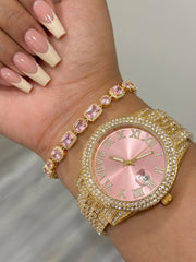 Gold-Pink Dial Watch & Tennis Bracelet Set