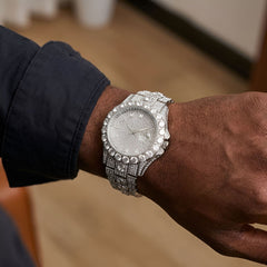 Silver Iced Out CZ Diamond Quartz Watch for Men