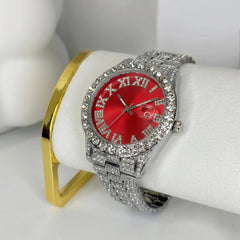 Rhinestone Red Silver Band Watch