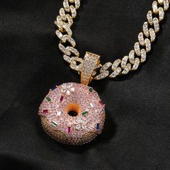 Gold Iced Out Pink Donut Pendant Necklace