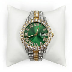 Rhinestone Green Gold Silver Band Watch