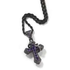 Black & Purple CZ Crown Cross Pendant Necklace