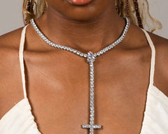 Silver Tennis Chain Cross Rosary Necklace