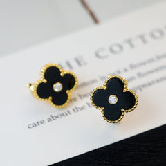 Black Solitaire Zircon Four-Leaf Clover Earrings
