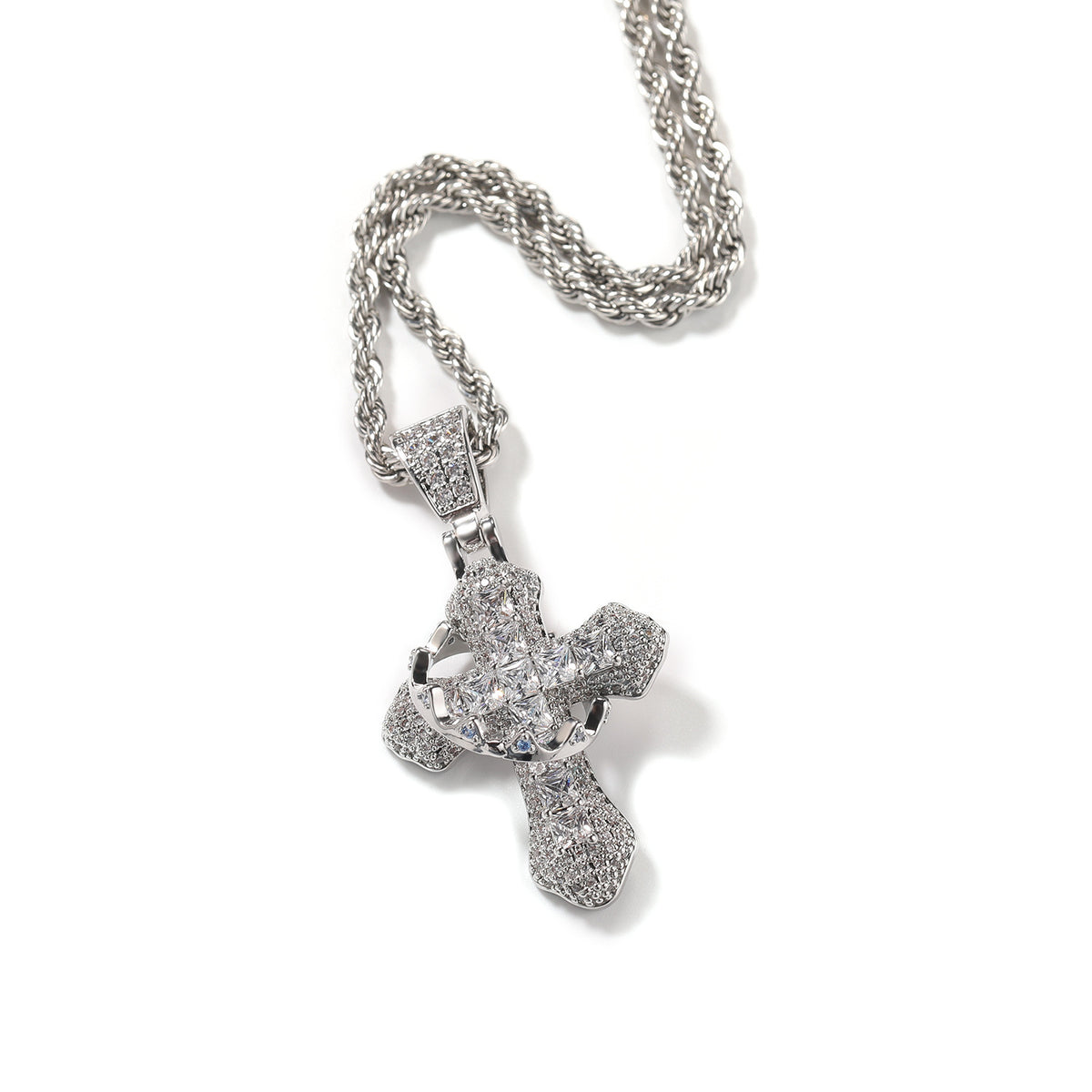 Silver CZ Crown Cross Pendant Necklace