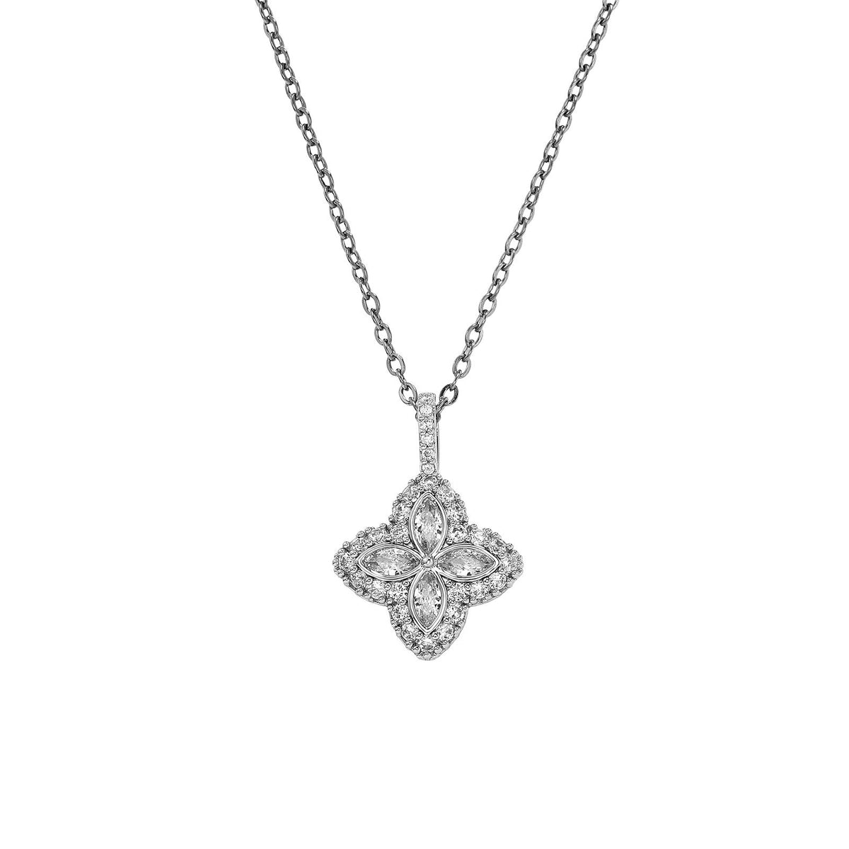 Silver Marquise Cut Flower Halo Pendant Necklace