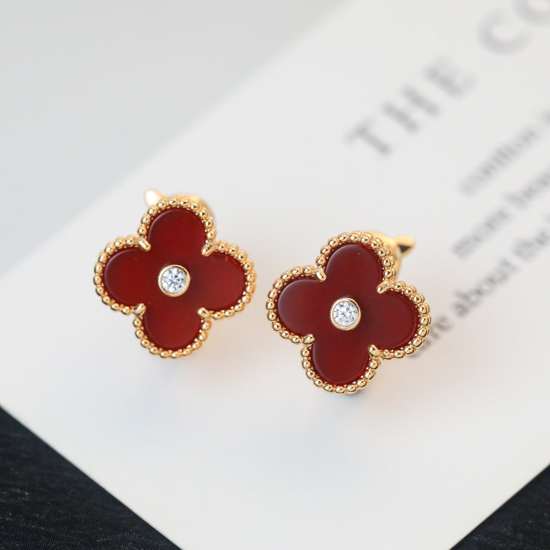 Red Solitaire Zircon Four-Leaf Clover Earrings