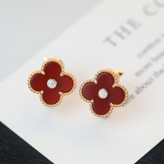 Red Solitaire Zircon Four-Leaf Clover Earrings
