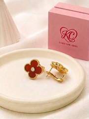 Red Solitaire Zircon Four-Leaf Clover Earrings