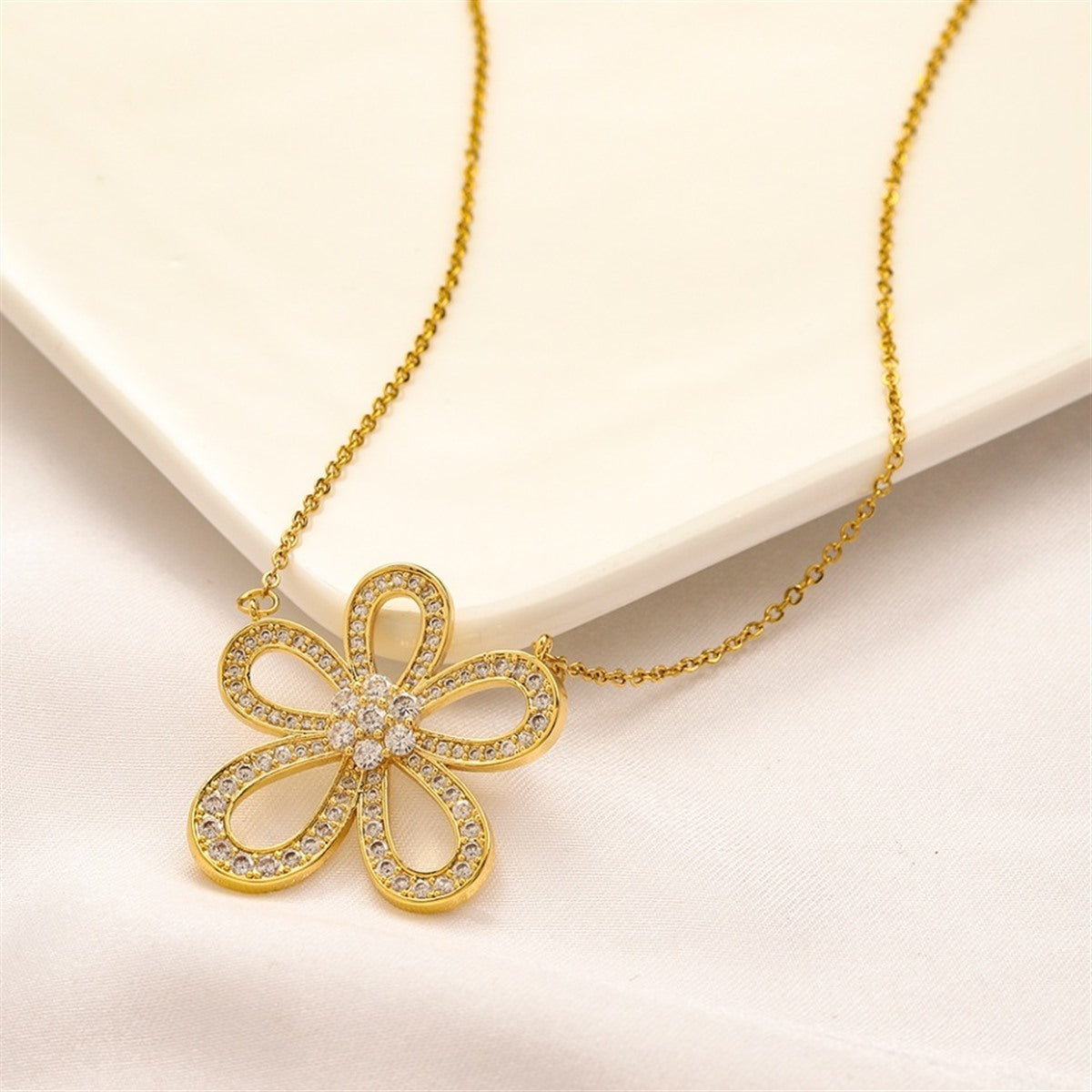 Openwork Pavé Crystal Flower Pendant Necklace