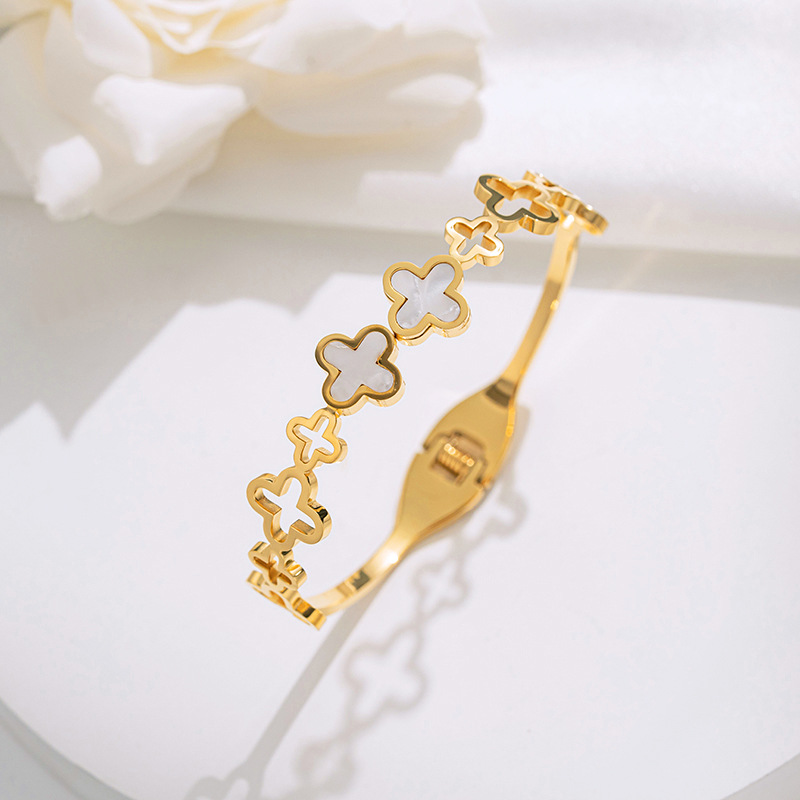 Openwork Mother of Pearl Clover Hinged Bangle