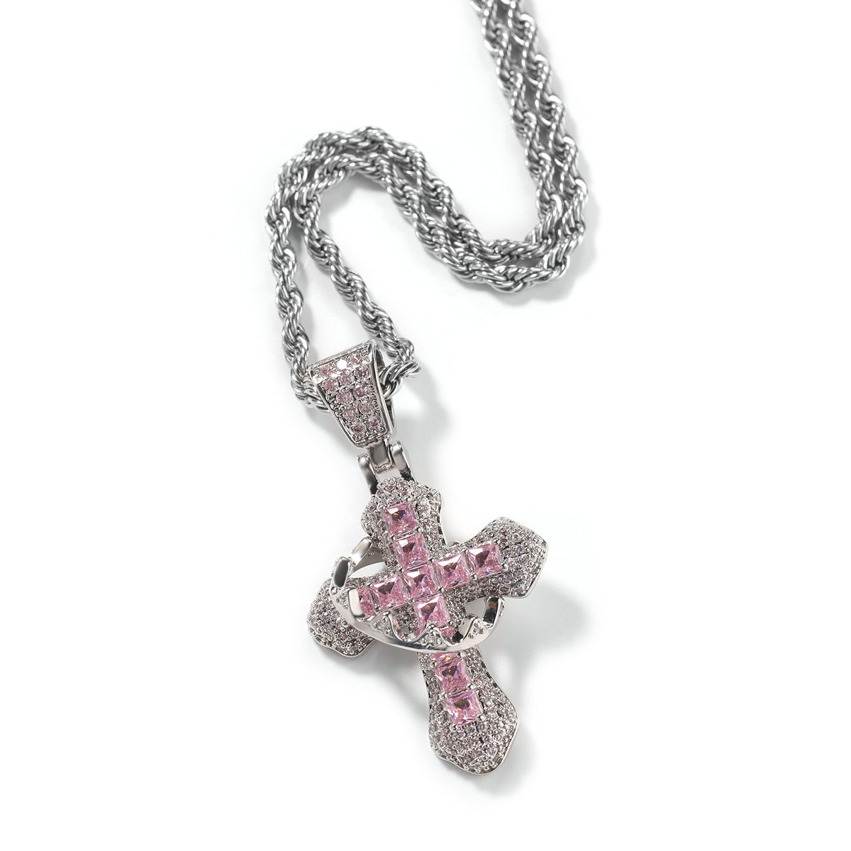 Silver Pink CZ Crown Cross Pendant Necklace