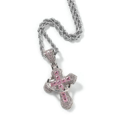 Silver Pink CZ Crown Cross Pendant Necklace