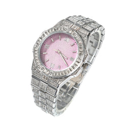 Iced-Out Pink Dial Crystal Watch