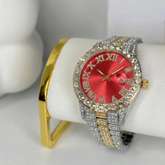 Rhinestone Red Gold Silver Band Watch