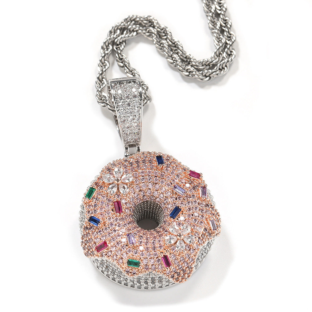 Silver Iced Out Pink Donut Pendant Necklace