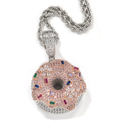 Silver Iced Out Pink Donut Pendant Necklace
