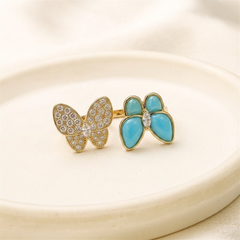 Dual Butterfly Turquoise & Pavé Between-the-Finger Ring