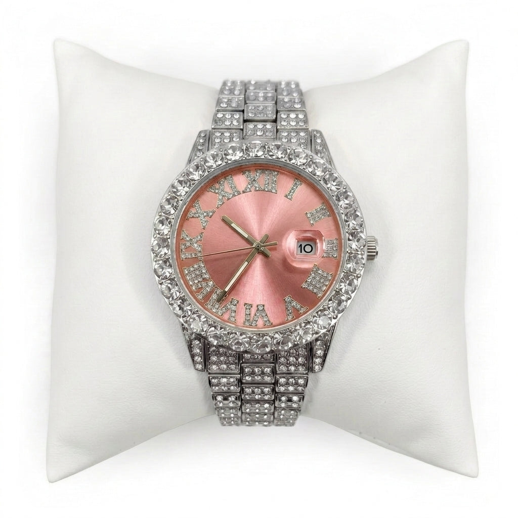 CZ Silver Gold Pink Band Watch