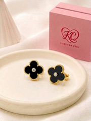 Black Solitaire Zircon Four-Leaf Clover Earrings