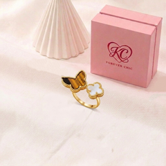 Tiger's Eye Butterfly & Mother-of-Pearl Clover Open Ring