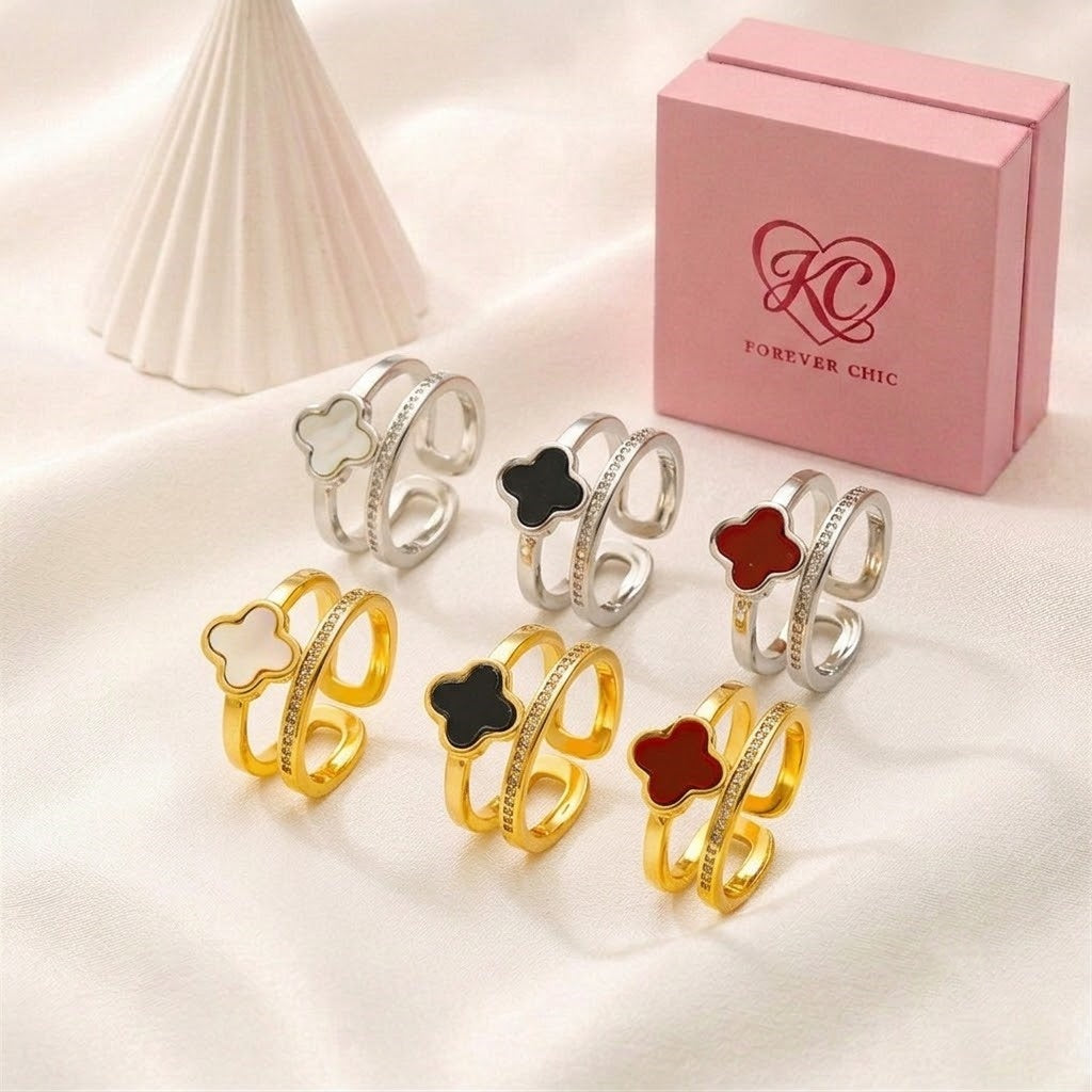 Double-Band Pavé & Clover Open Ring Collection