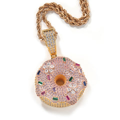 Gold Iced Out Pink Donut Pendant Necklace