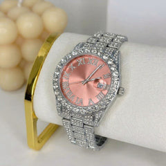 CZ Silver Gold Pink Band Watch