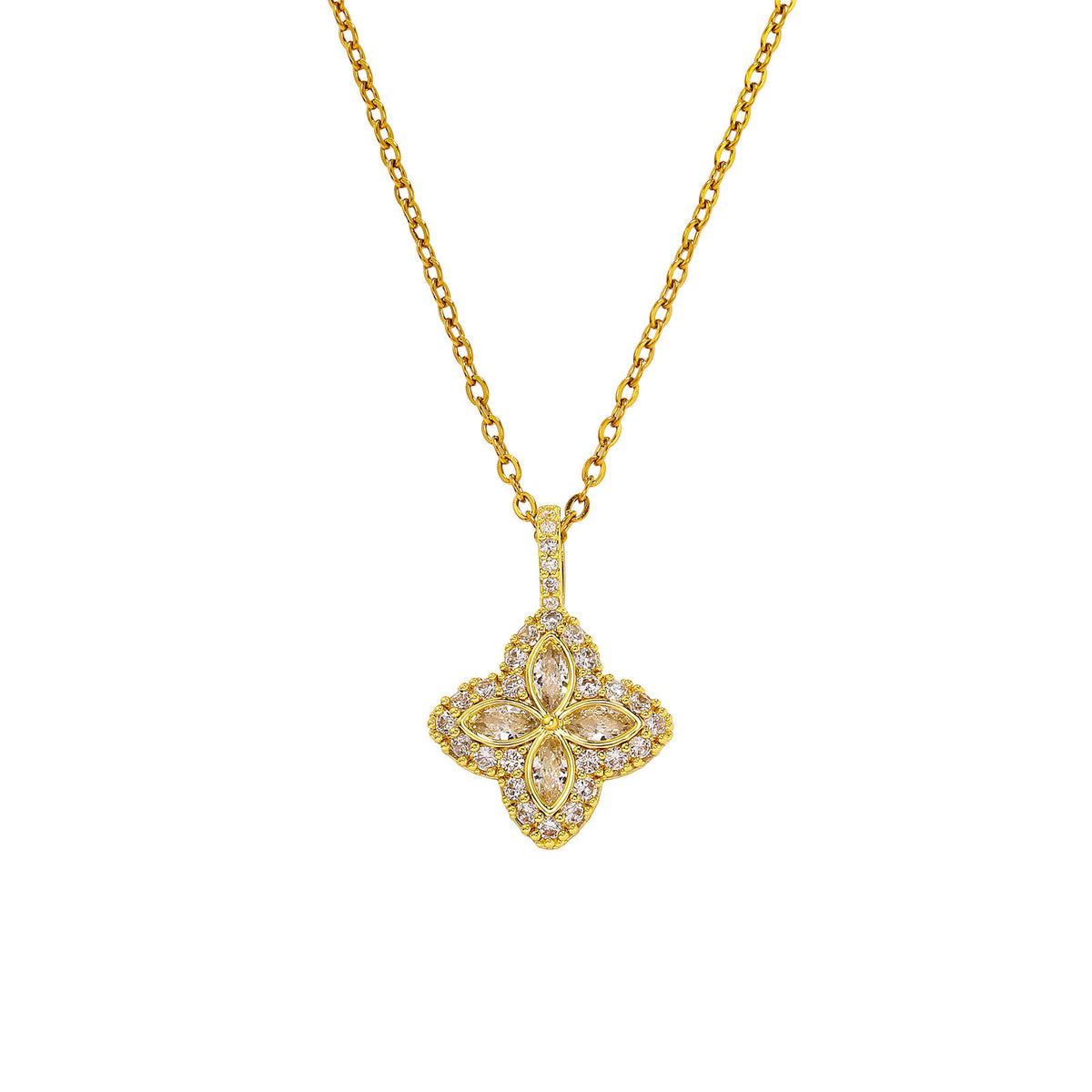 Gold Marquise Cut Flower Halo Pendant Necklace