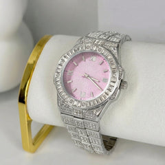 Iced-Out Pink Dial Crystal Watch