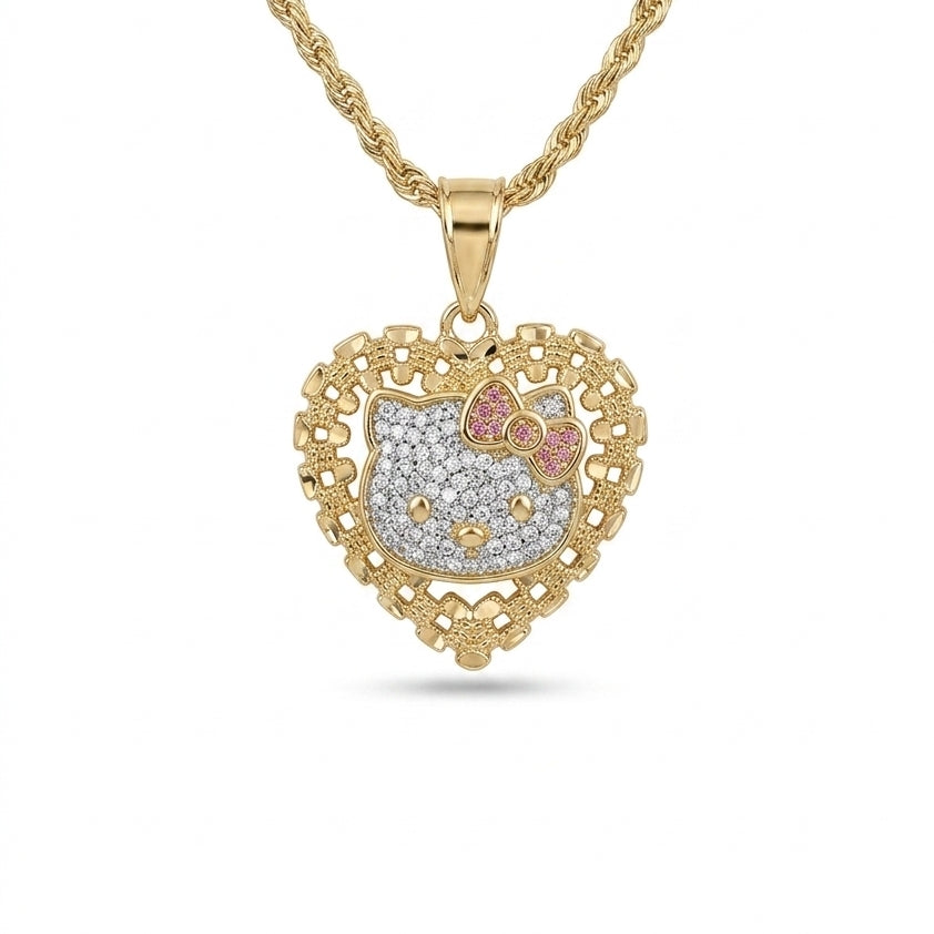 Gold Heart Frame Kitty Pendant Necklace
