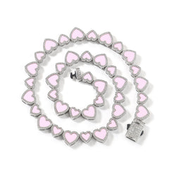 Pink Enamel Heart Halo Tennis Nceklace