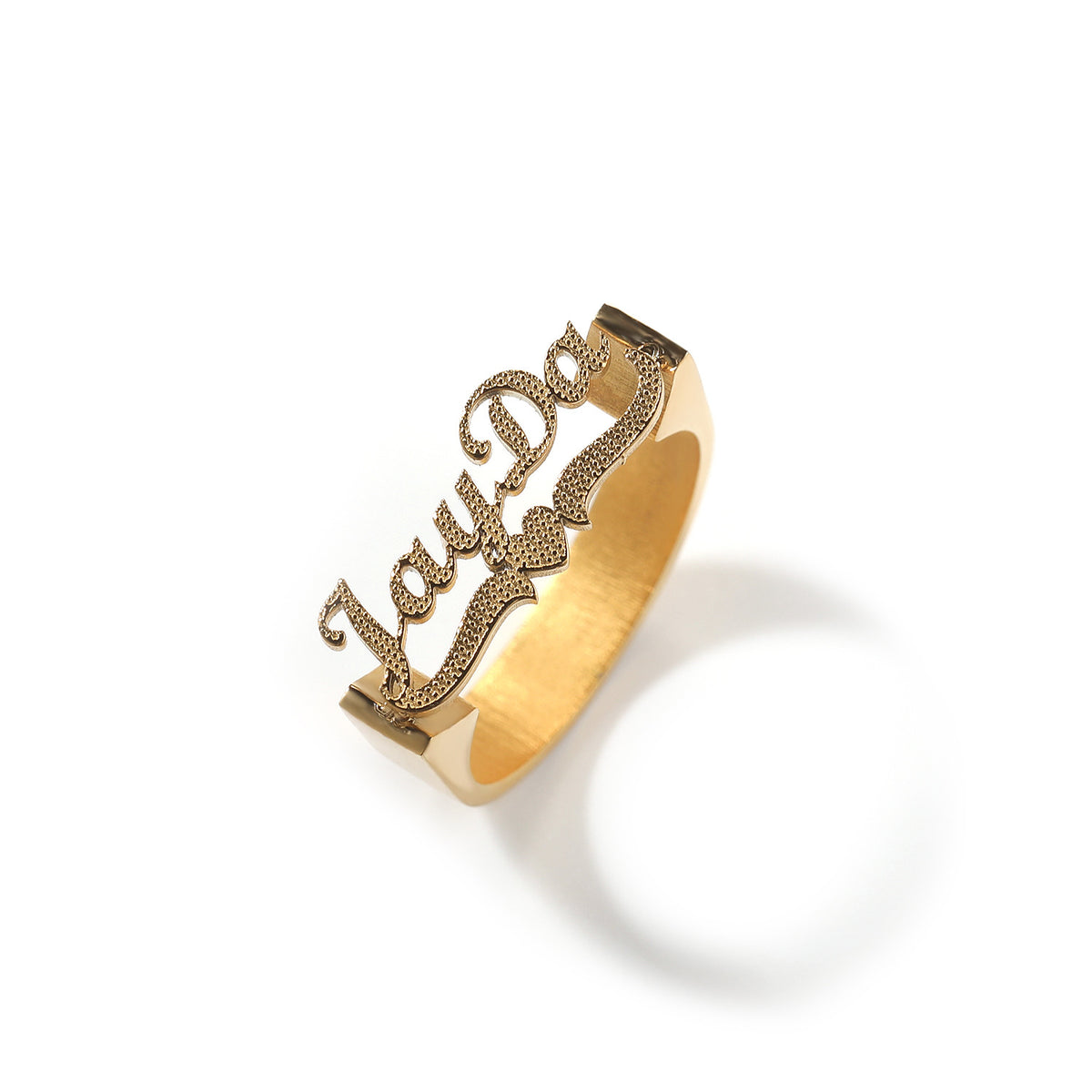 Gold Custom Old English Script Nameplate Ring