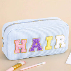 Corduroy Cosmetic Bag with Embroidered Letters