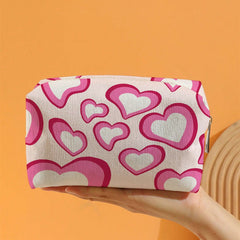Pink Heart Printed Canvas Cosmetic Bag