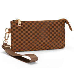 Checkered Woven Clutch Wristlet PU Leather Large Size Patterned Wallet