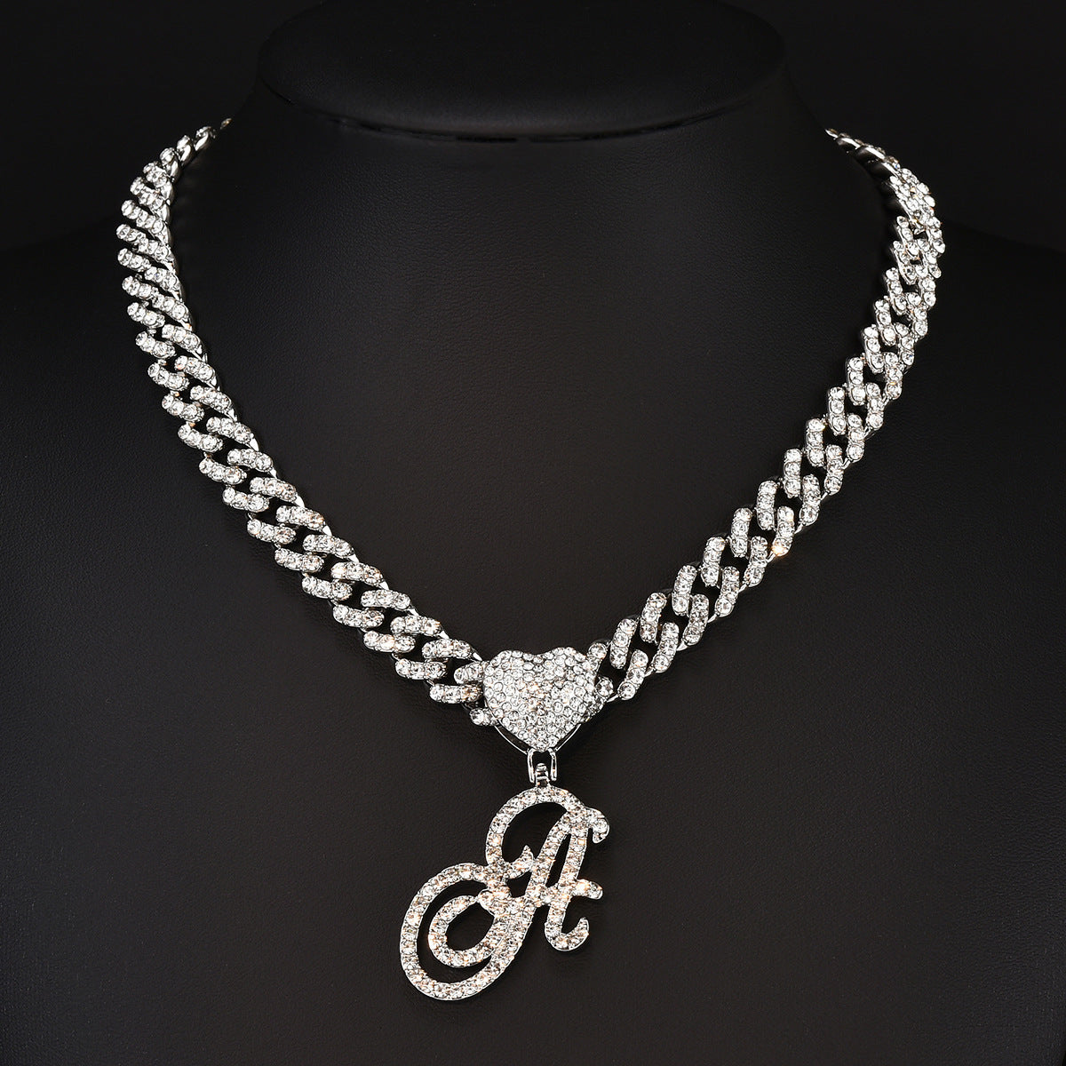 Diamond Letter Heart Pendant Cuban Necklace
