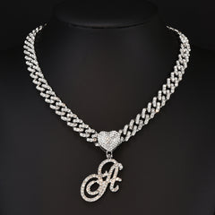 Diamond Letter Heart Pendant Cuban Necklace