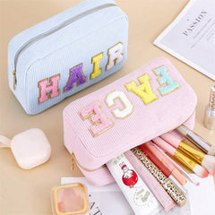 Corduroy Cosmetic Bag with Embroidered Letters