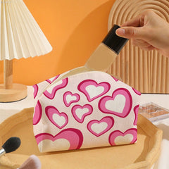 Pink Heart Printed Canvas Cosmetic Bag