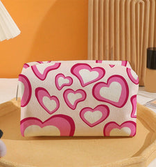 Pink Heart Printed Canvas Cosmetic Bag