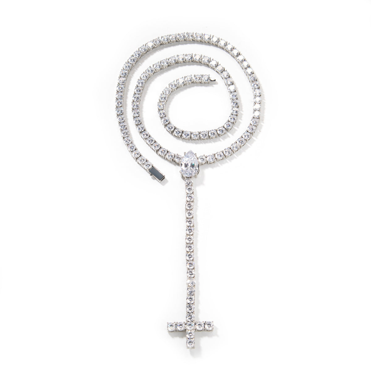 Silver Tennis Chain Cross Rosary Necklace