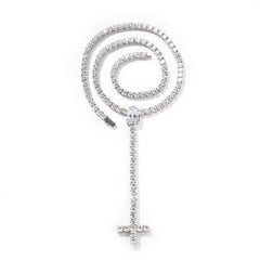 Silver Tennis Chain Cross Rosary Necklace