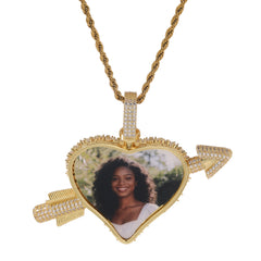 Iced-Out Arrow Heart Custom Photo Locket Necklace