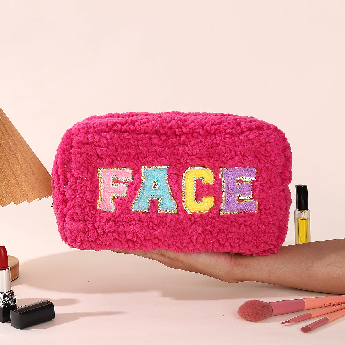 Plush Chenille Embroidered Letter Cosmetic Bag