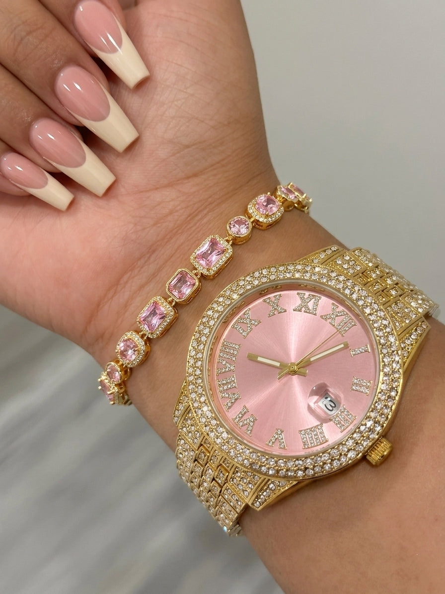 Gold-Pink Dial Watch & Tennis Bracelet Set