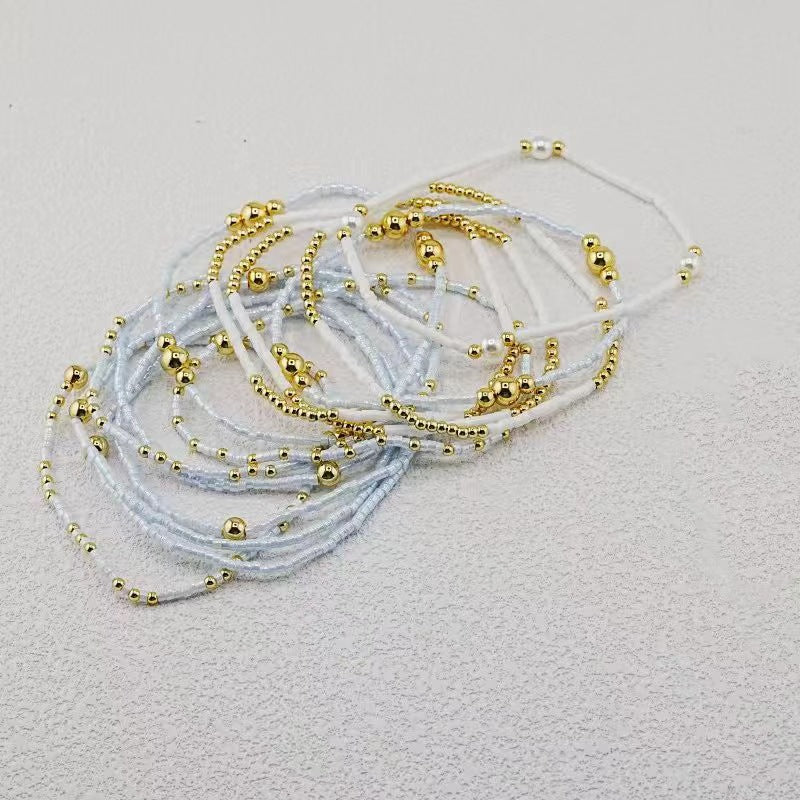 White & Gold Multi-Strand Beaded Bracelet Stack Set