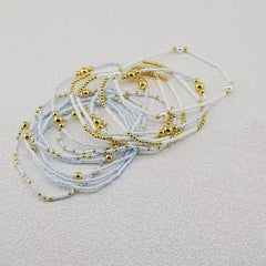 White & Gold Multi-Strand Beaded Bracelet Stack Set