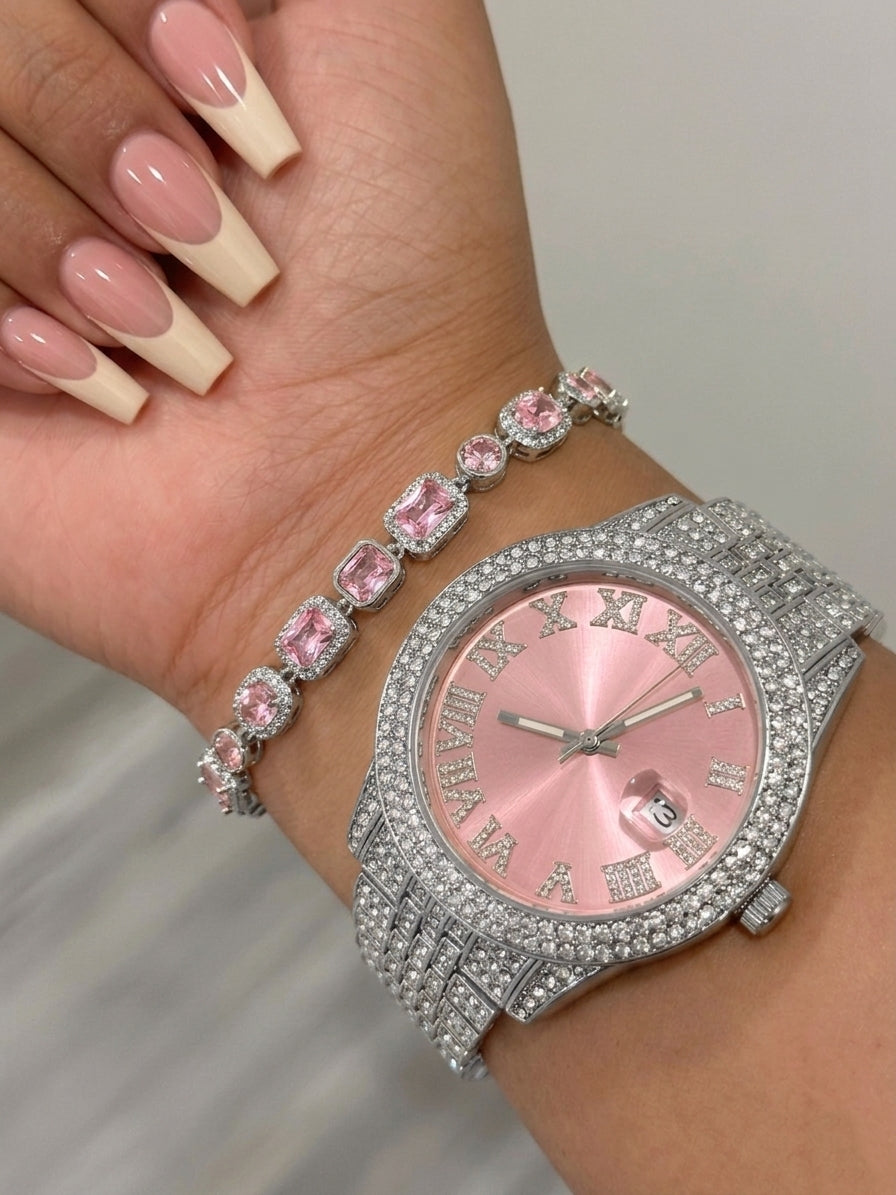 Pink Dial Watch & Tennis Bracelet Set