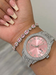 Pink Dial Watch & Tennis Bracelet Set
